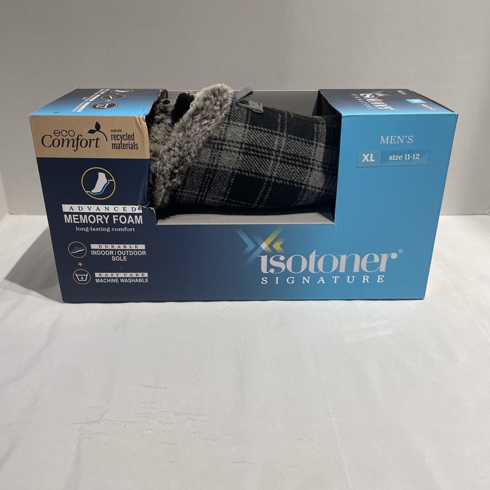 Isotoner Signature Mens Eco Comfort Memory Foam Plaid Slippers‎ Black XL 11-12